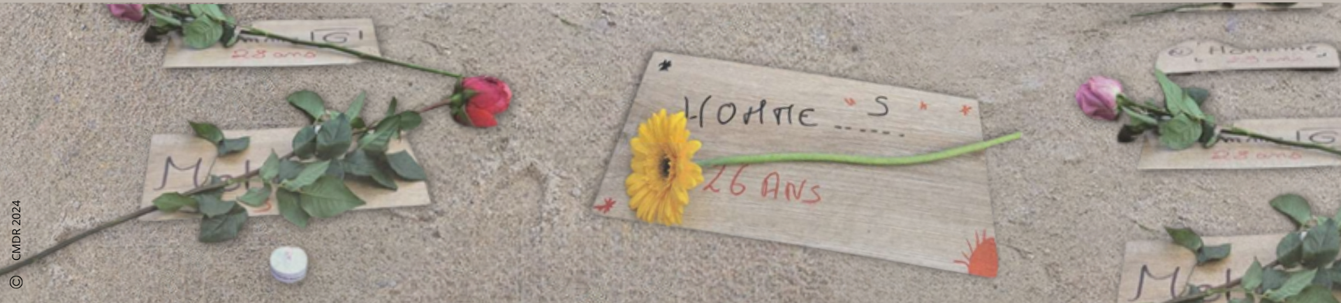 image représentant au sol des plaquettes avec écrit le sexe et l'âge de la pesronne, et une fleur