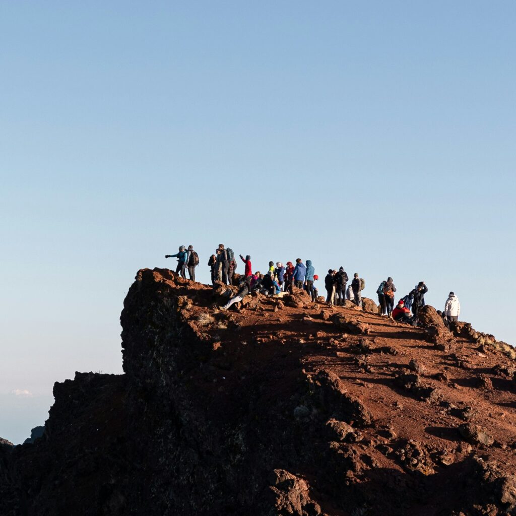 groupe en haut d'une montagne, décrivant le travail collaboratif et le soutien
