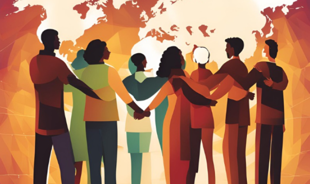 image montrant des personnes s'entrelaçant devant un fond représentant la carte du monde